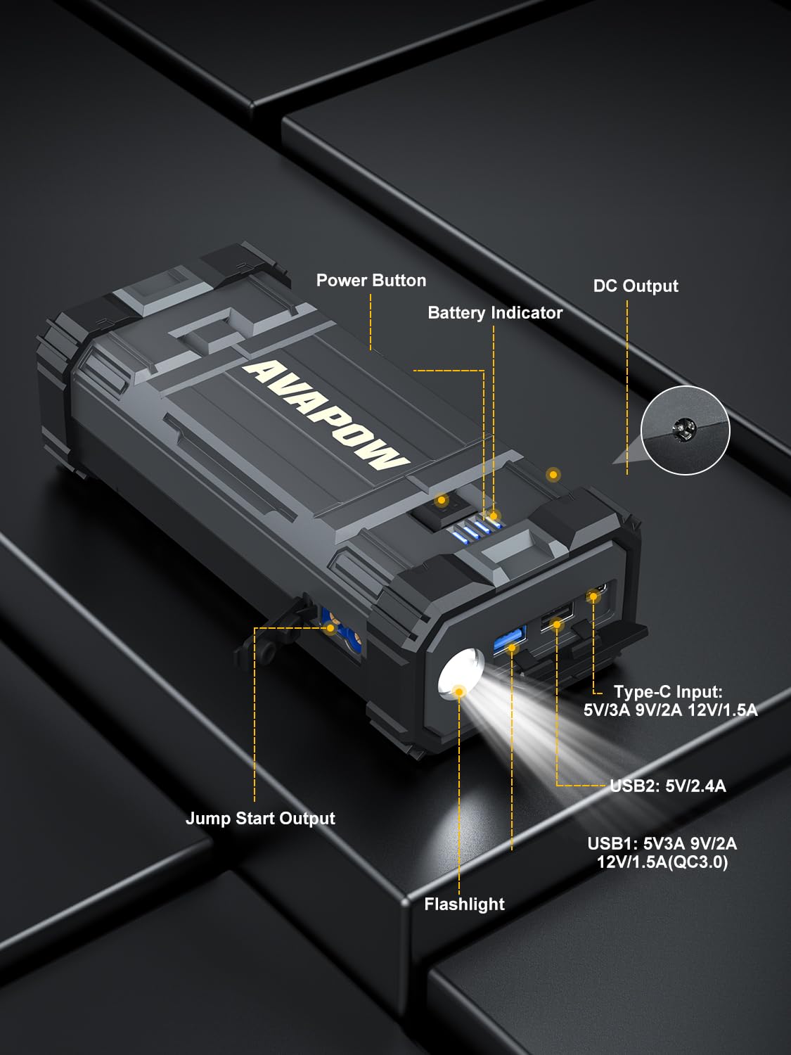 AVAPOW carry case with jumper cables USB-C cable and included accessories