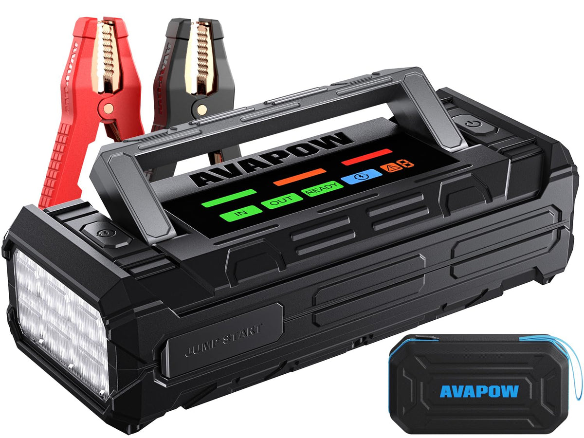 AVAPOW TJ68 front view showing compact starter and benefits