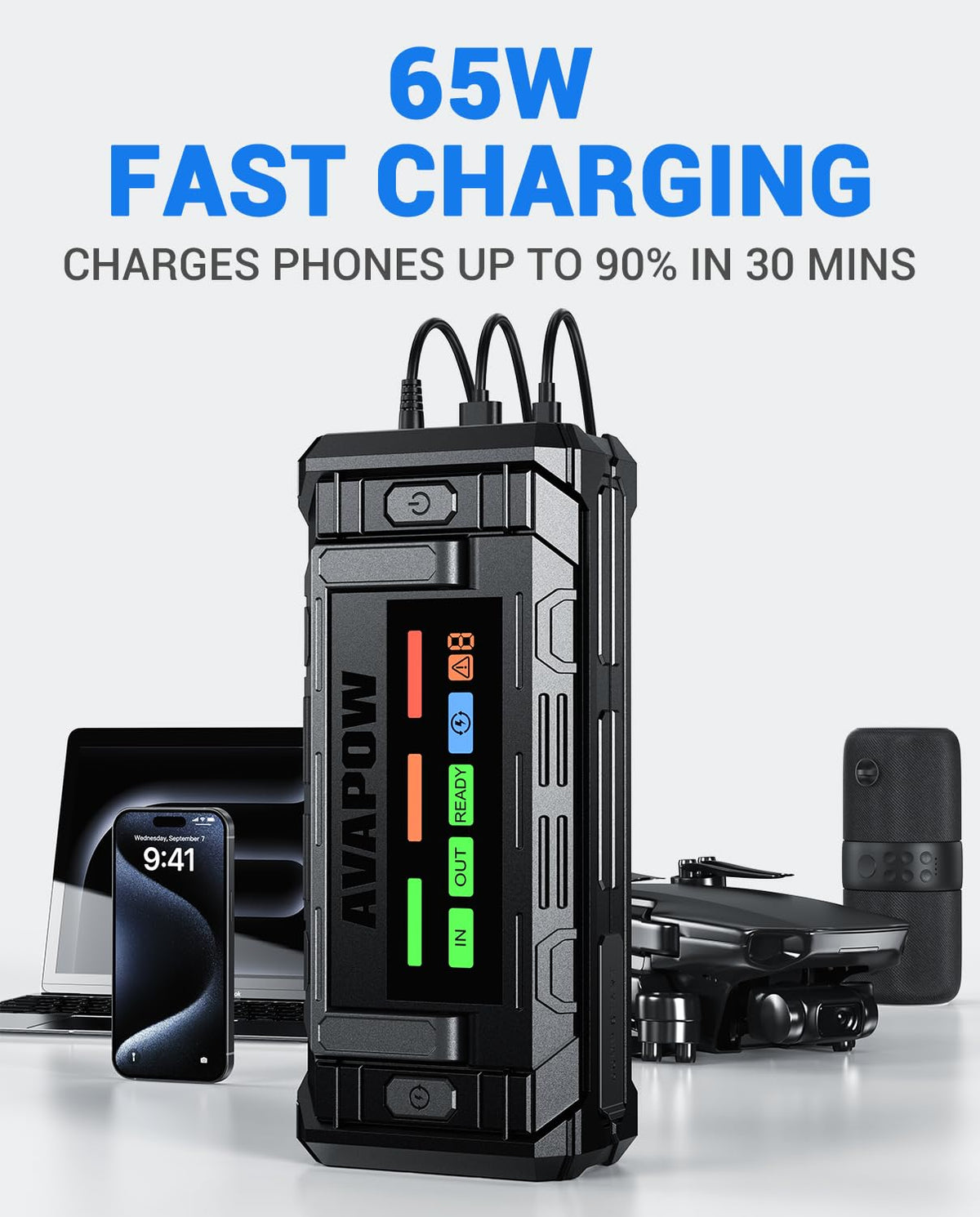 AVAPOW TJ68 connected to a car battery demonstrating quick start