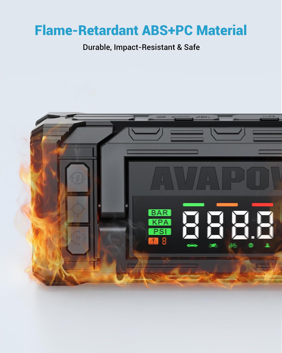 AVAPOW TM28 4-inch smart display close-up with tire pressure and mode clarity