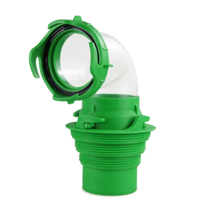 AVERON clear 90° elbow front view shows compact, leak-resistant connection