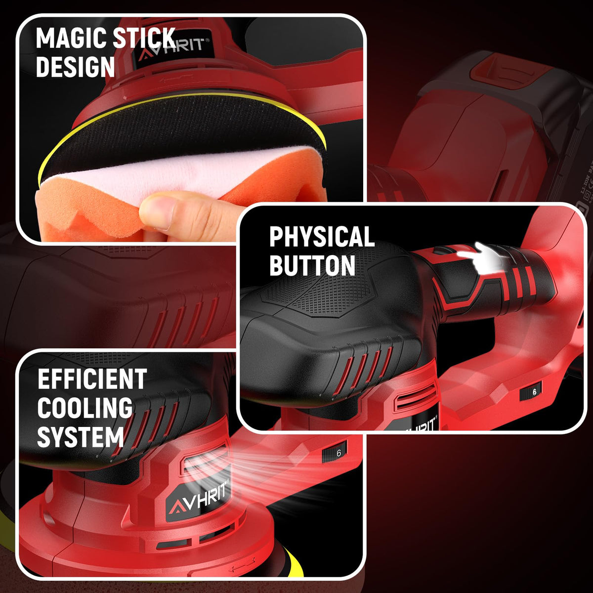 Avhrit polisher held in hand to show scale and lightweight portability