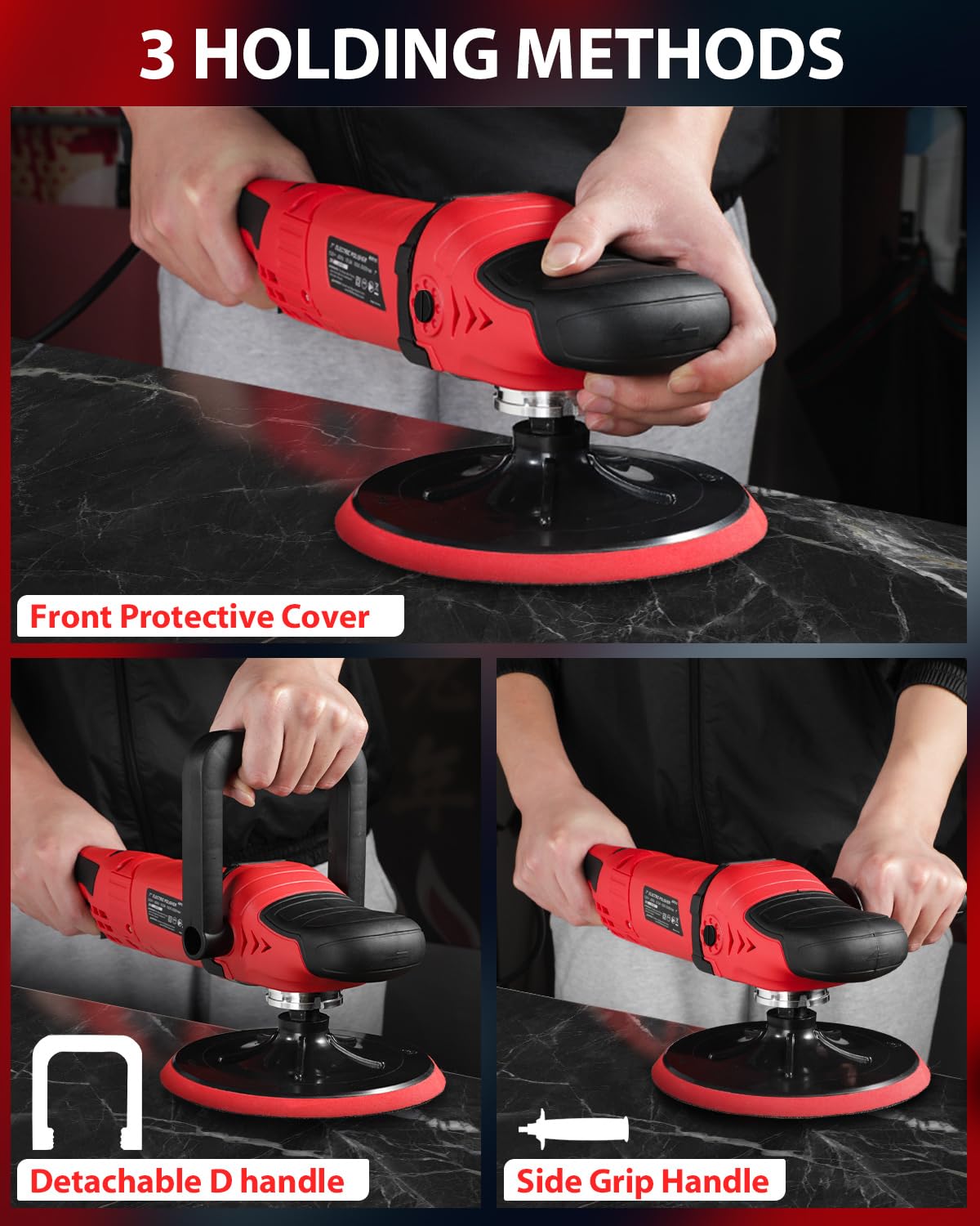 AVID POWER three handle positions displayed for ergonomic comfort benefit