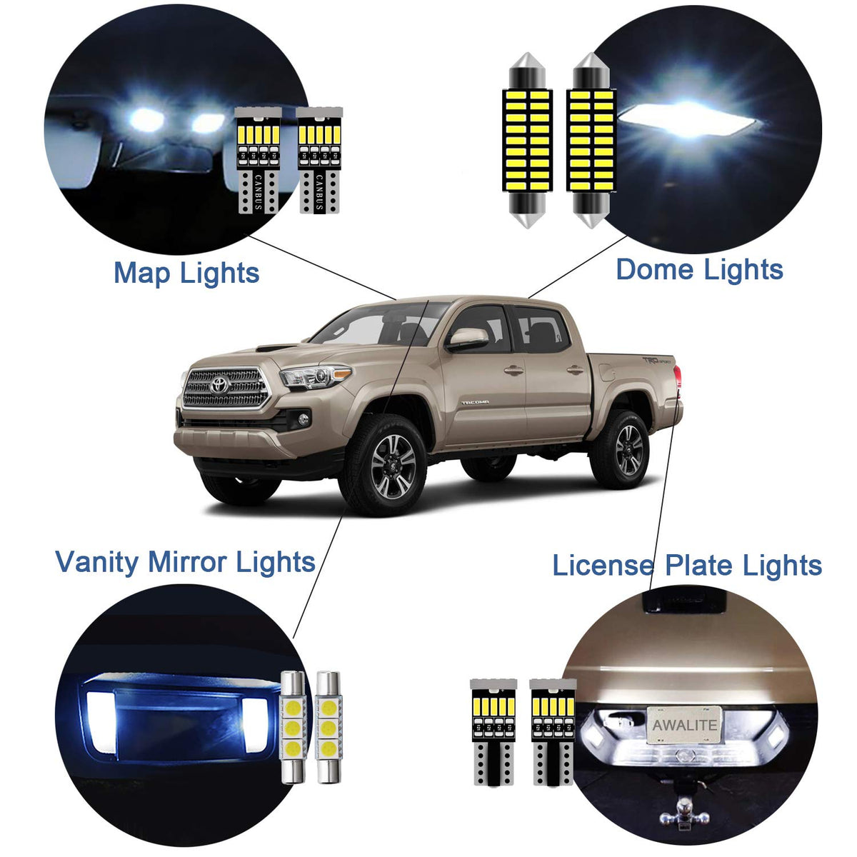 AWALITED dome light LED bulb detail demonstrating bright, even cabin illumination for Tacoma