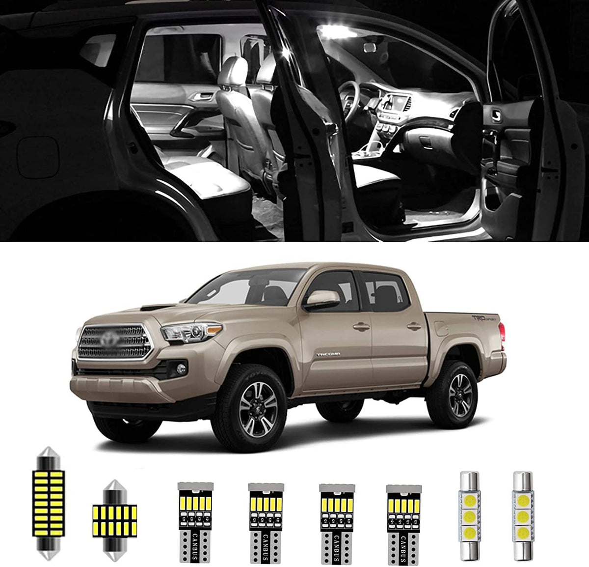 AWALITED front packaging showing the 10-piece Tacoma interior LED kit and included components for easy upgrade