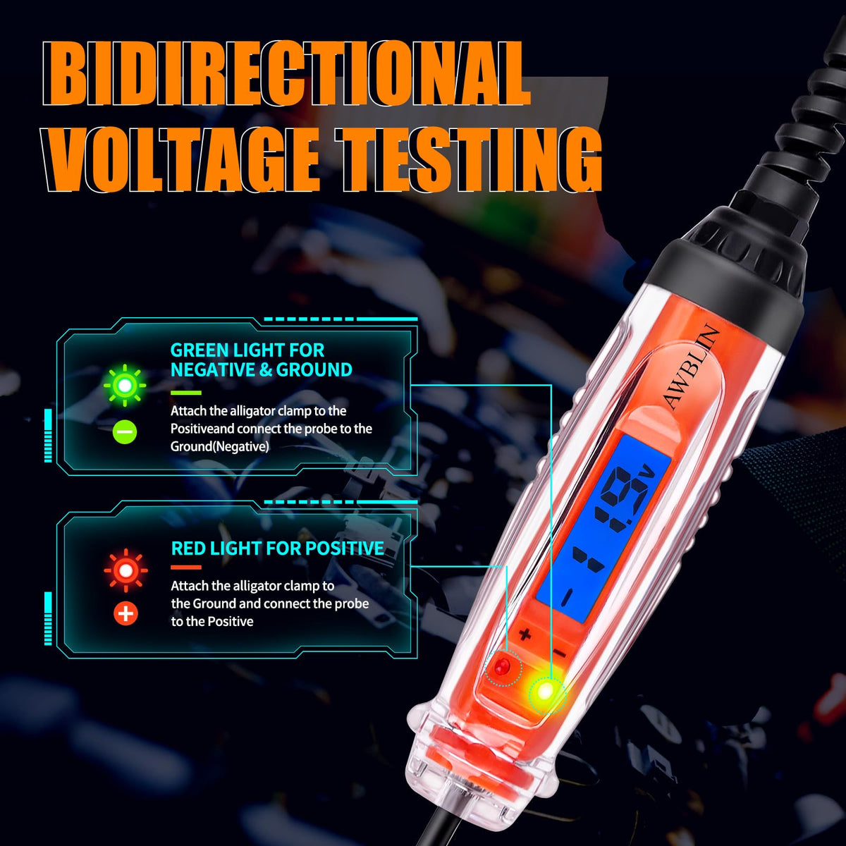 AWBLIN tester LCD closeup with blue backlight delivering clear voltage readouts