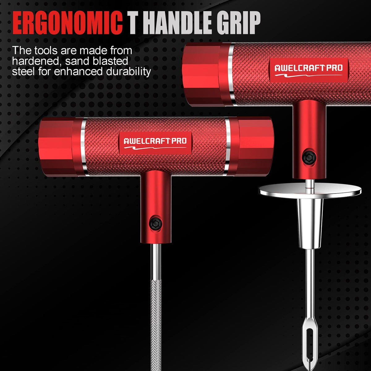 AWELCRAFT tools laid out neatly displaying T-handle tools and valve tools for reliable repairs