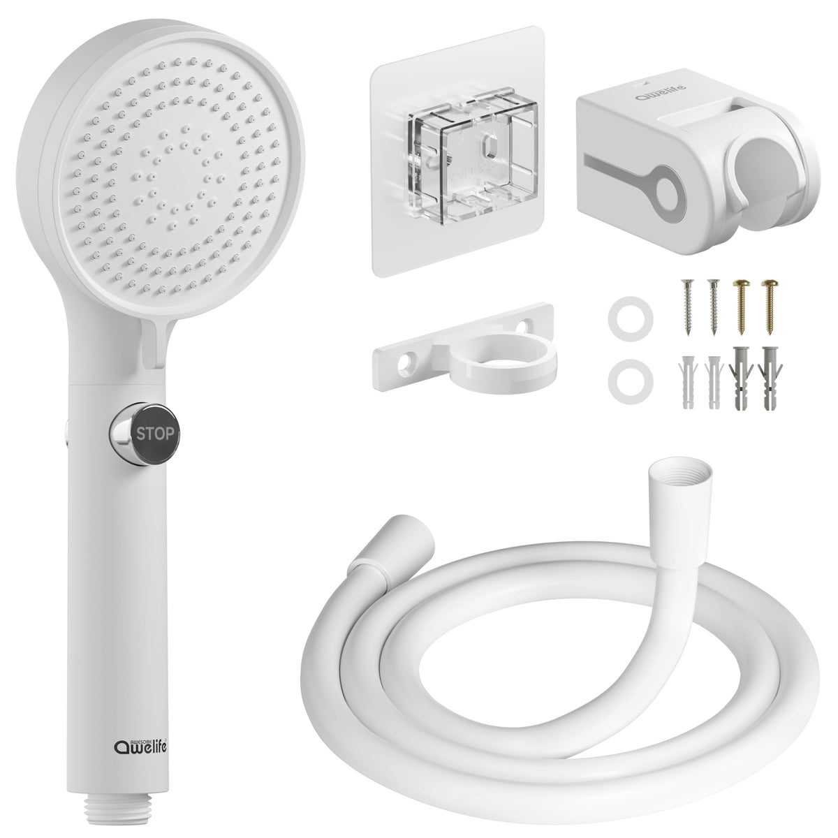 awelife front view packaged shower head showing kit and benefits