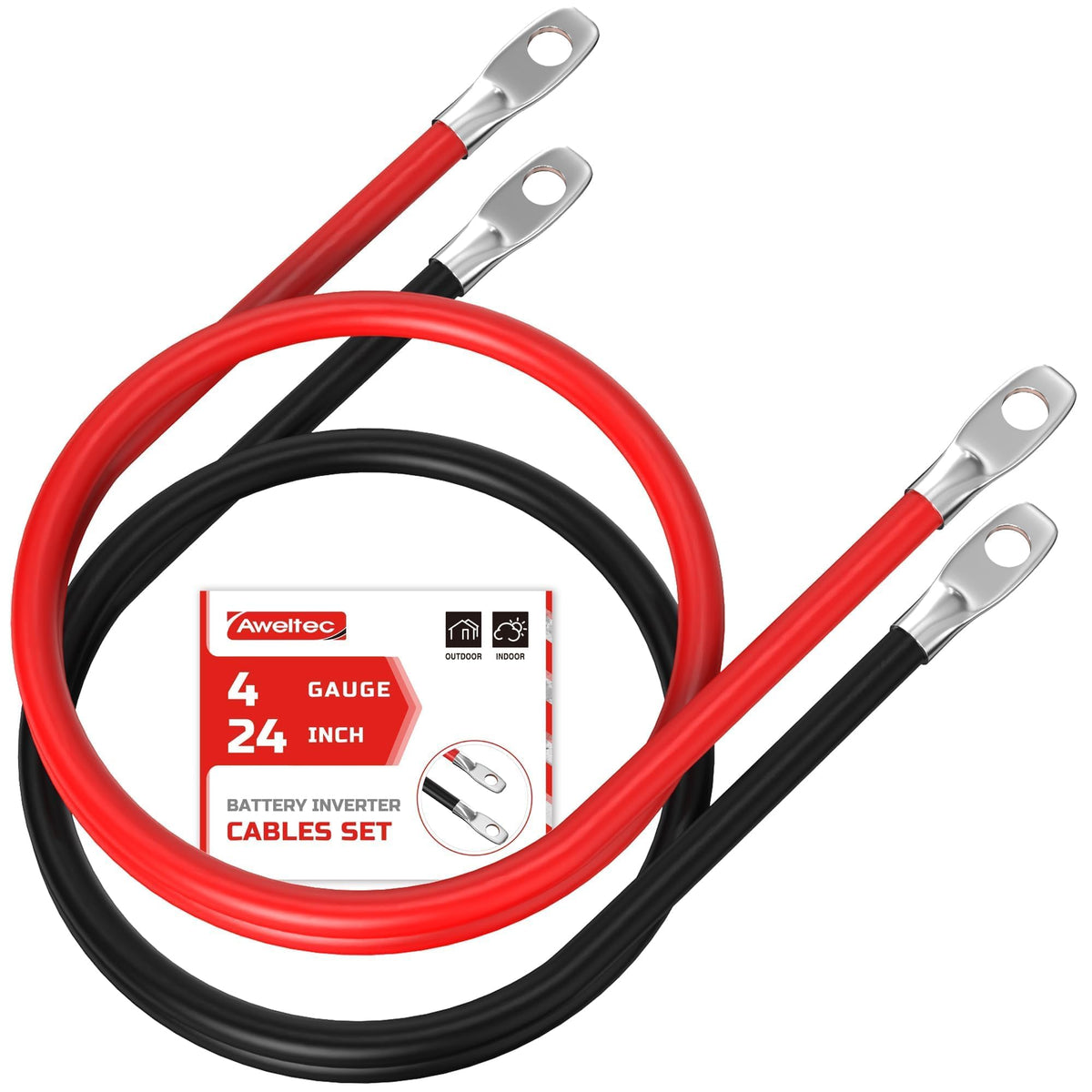 AWELTEC front view of red and black 4 AWG cables showing ready-to-install set and clarity