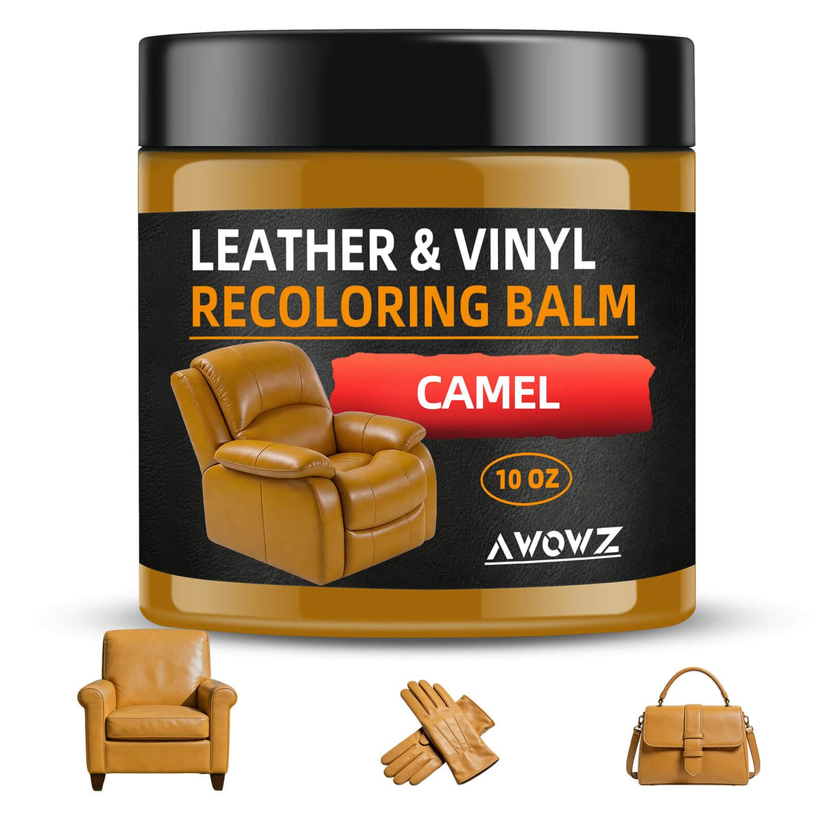 AWOWZ front jar camel shade showing clear label and benefit of color restoration