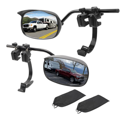 AXIMIRON front view of two clip-on towing mirrors showing full package and benefits