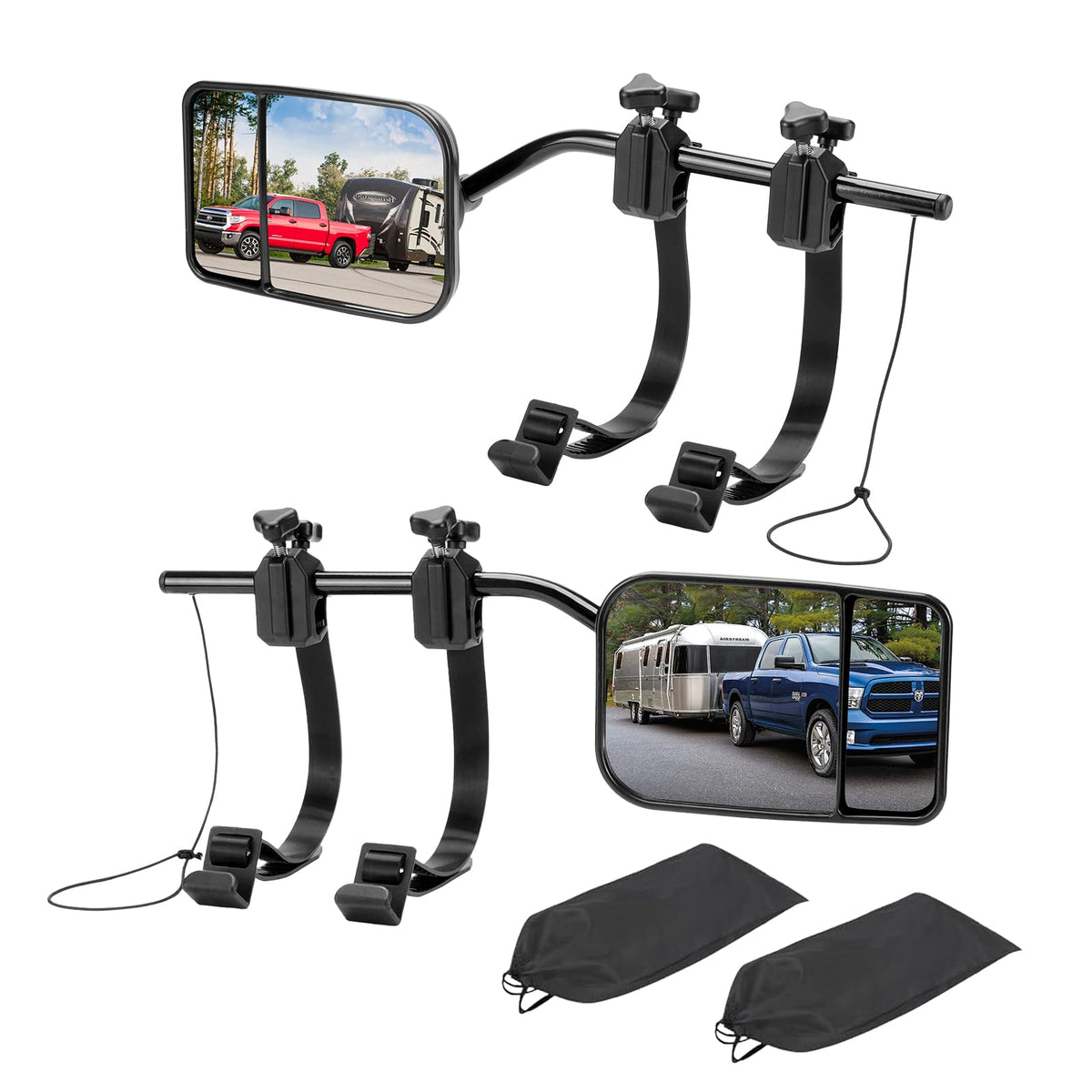 AXIMIRON front view of two clip-on towing mirrors showing full kit benefits