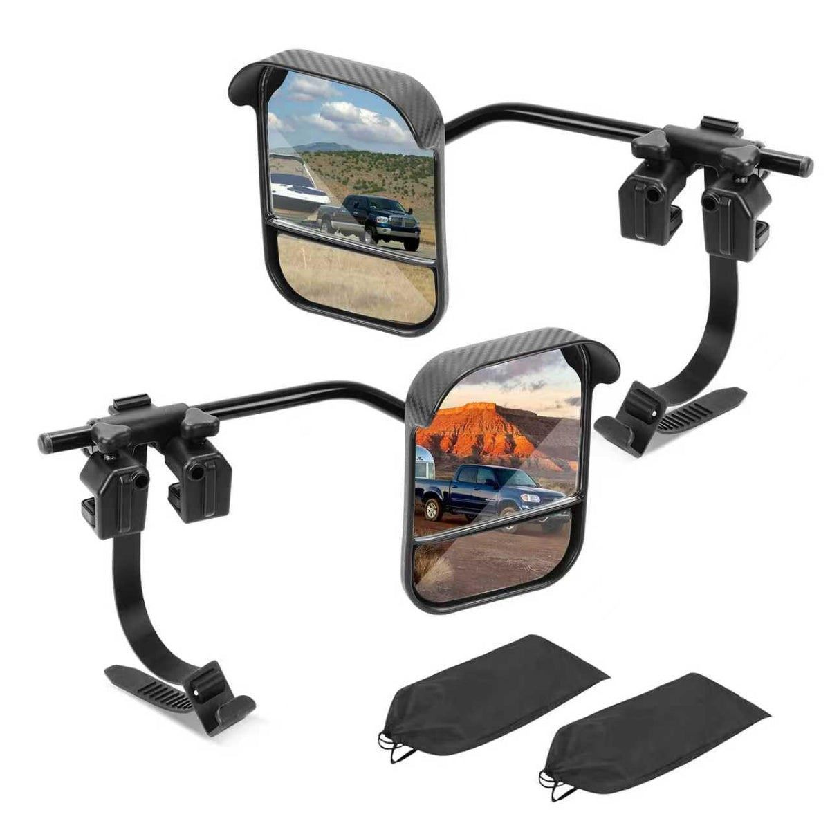 AXIMIRON front view of dual tow mirrors showing full coverage benefit