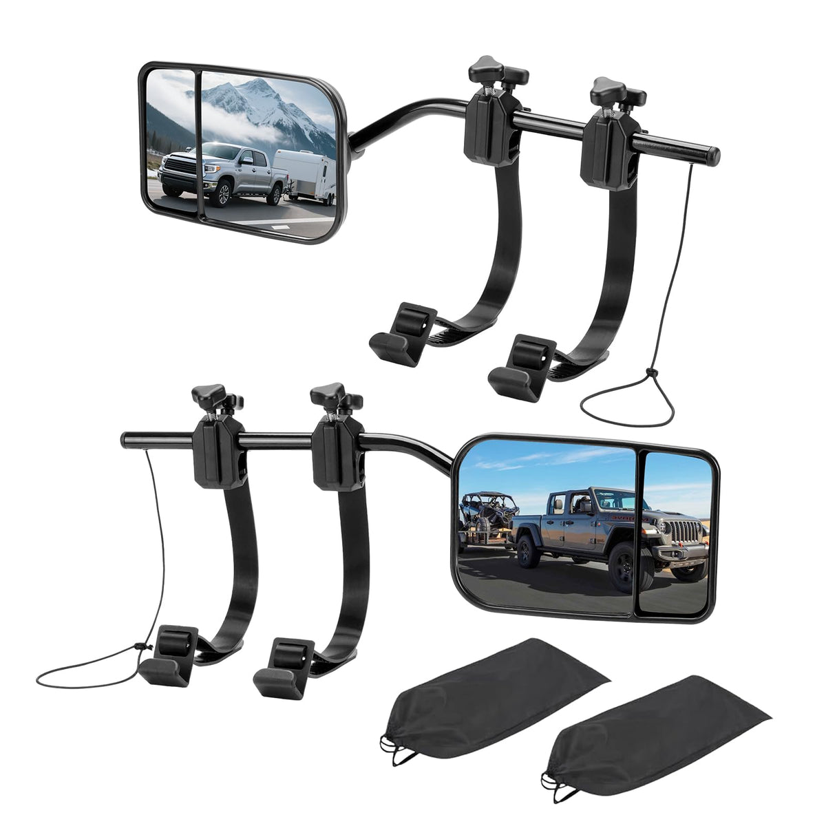 AXIMIRON front view of both tow mirrors showing extended coverage and safer towing