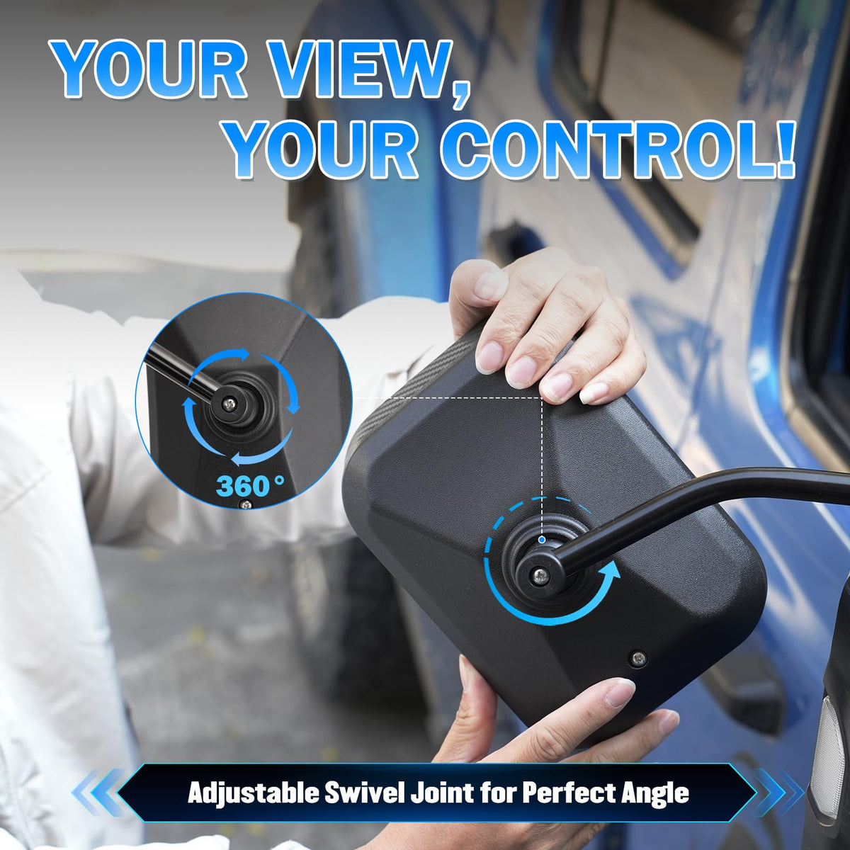 AXIMIRON mirrors in use on highway while towing trailer for confidence