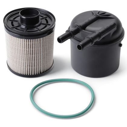 AxleyHub fuel filter front view showing fitment for Ford Super Duty and clear benefit