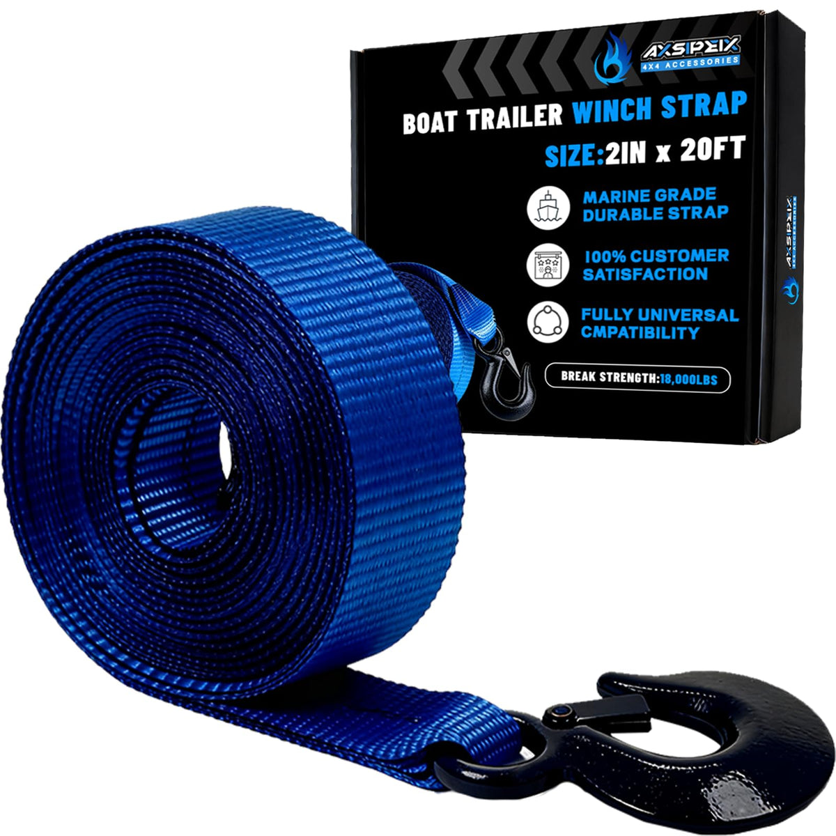 AXSIPEIX front view of winch strap packaging showing size and strength benefit
