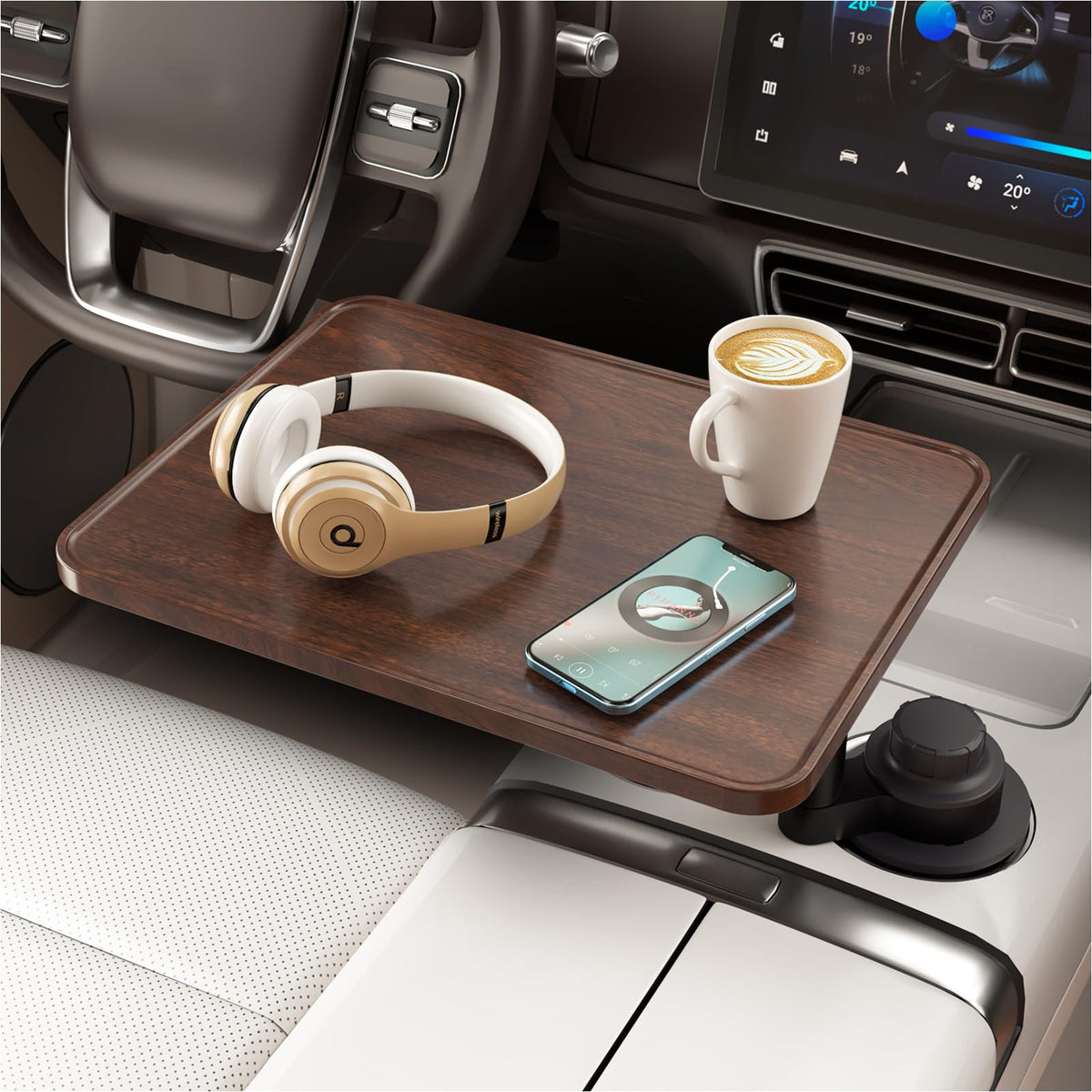 AXVLU front view of wooden car desk showing sleek tabletop and cup holder stability