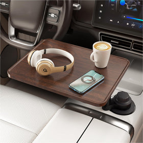 AXVLU front view of wooden car desk showing sleek tabletop and cup holder stability