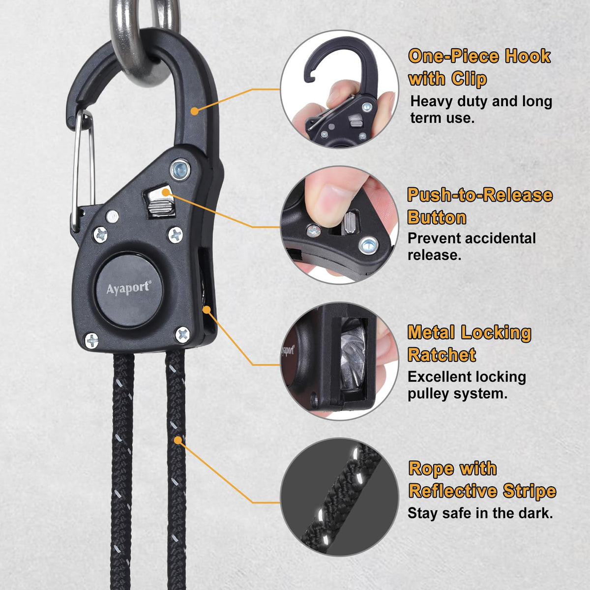 Ayaport carabiner detail with spring gate for secure attachment