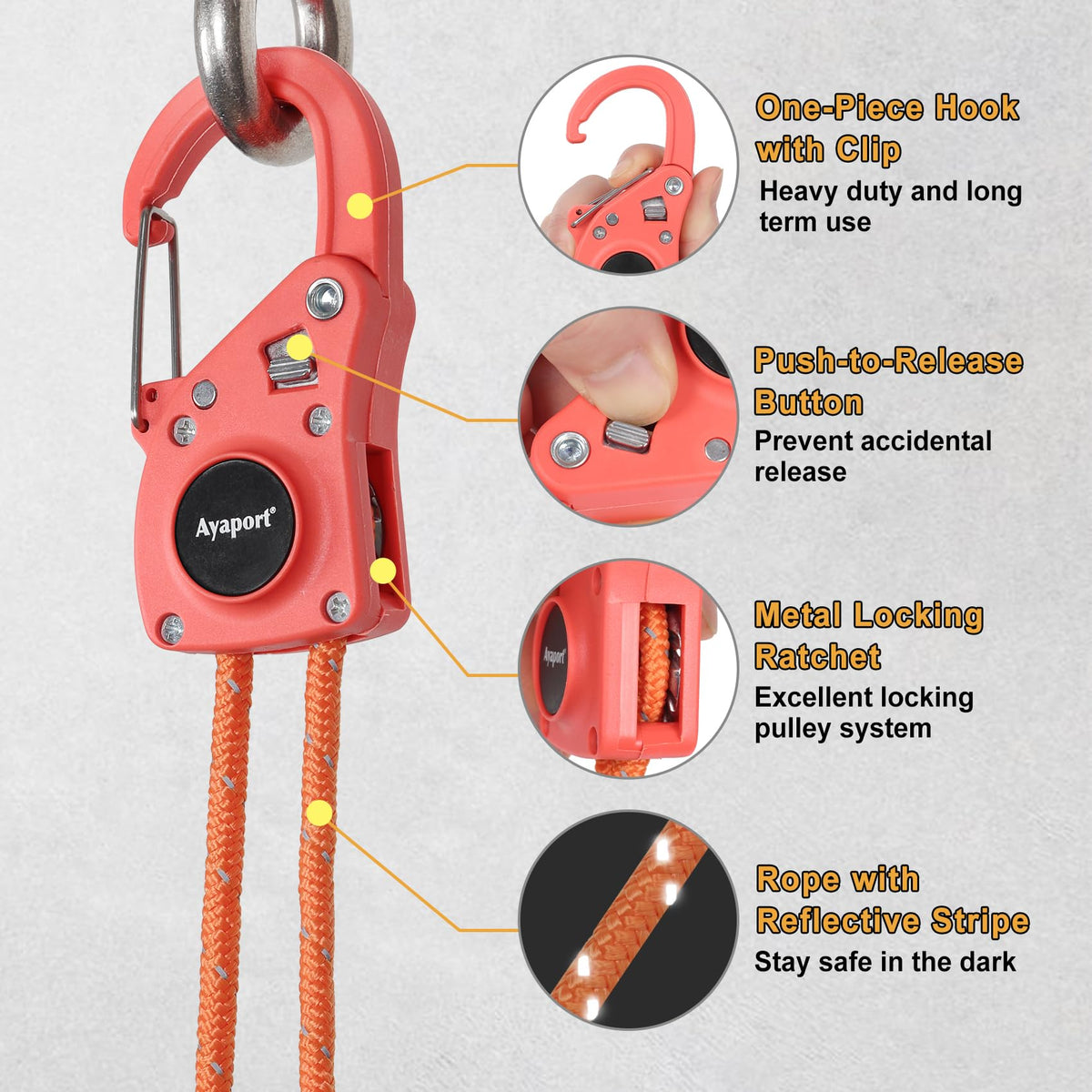 Ayaport carabiner clip closed on anchor with reflective rope for improved nighttime safety