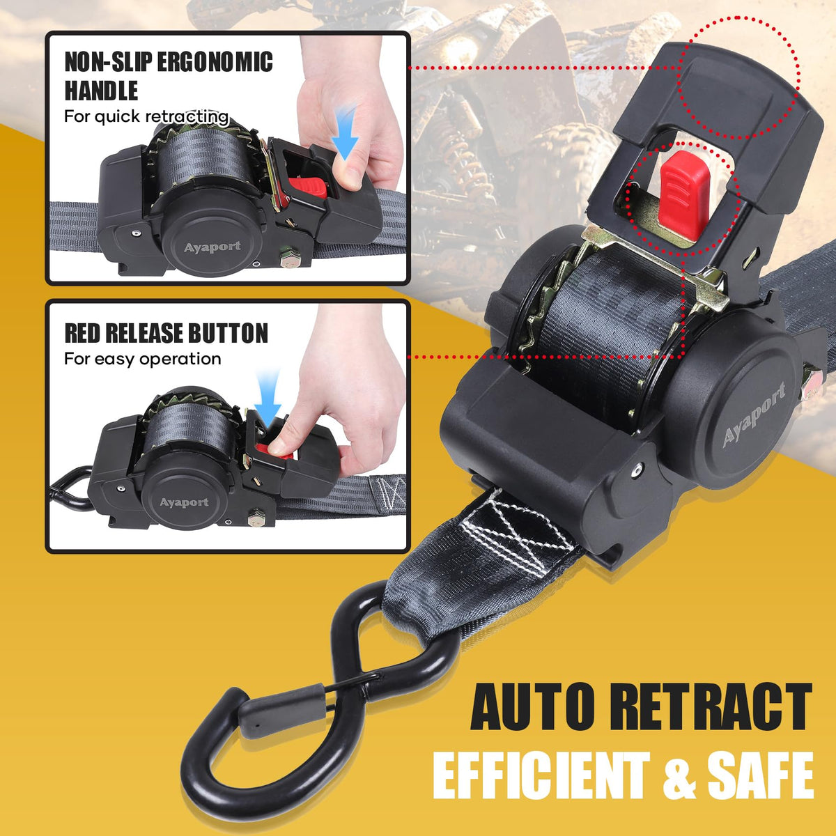 Ayaport close-up of ratchet mechanism showing robust metal components and easy operation benefit