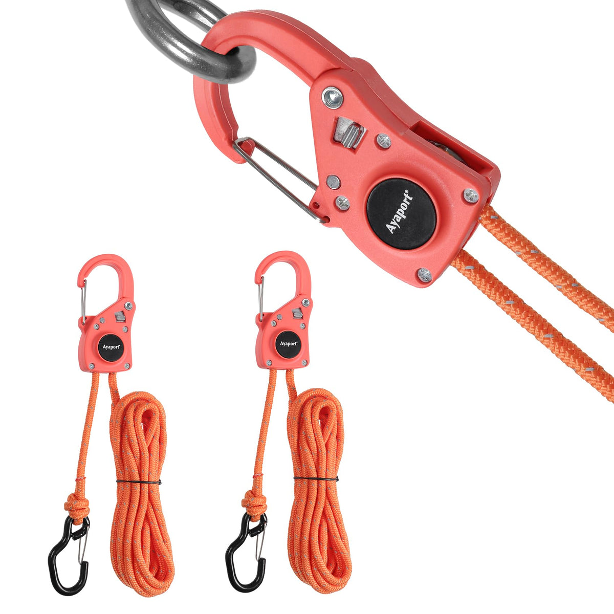 Ayaport front view of two ratchet rope tie downs showing compact pack and straps for secure transport