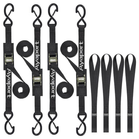 Ayaport front packaging showing four 12ft cam buckle straps for reliable cargo security
