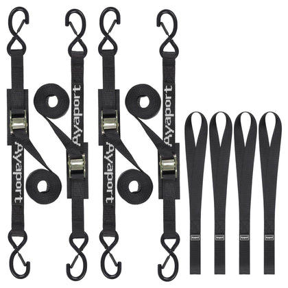 Ayaport front packaging showing four 12ft cam buckle straps for reliable cargo security