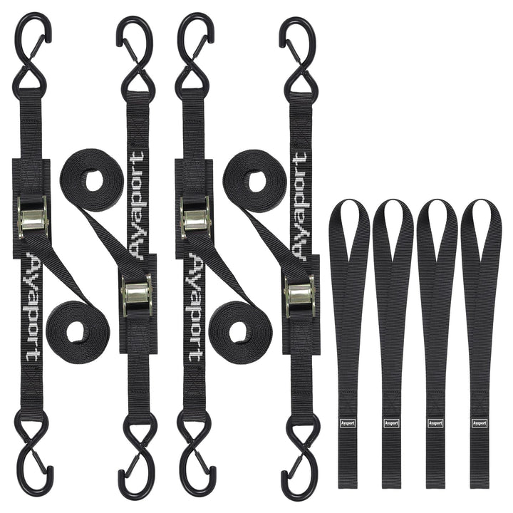 Ayaport front packaging showing four 12ft cam buckle straps for reliable cargo security