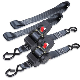 Ayaport front view of two-pack retractable straps showing compact housing and labels, improved organization