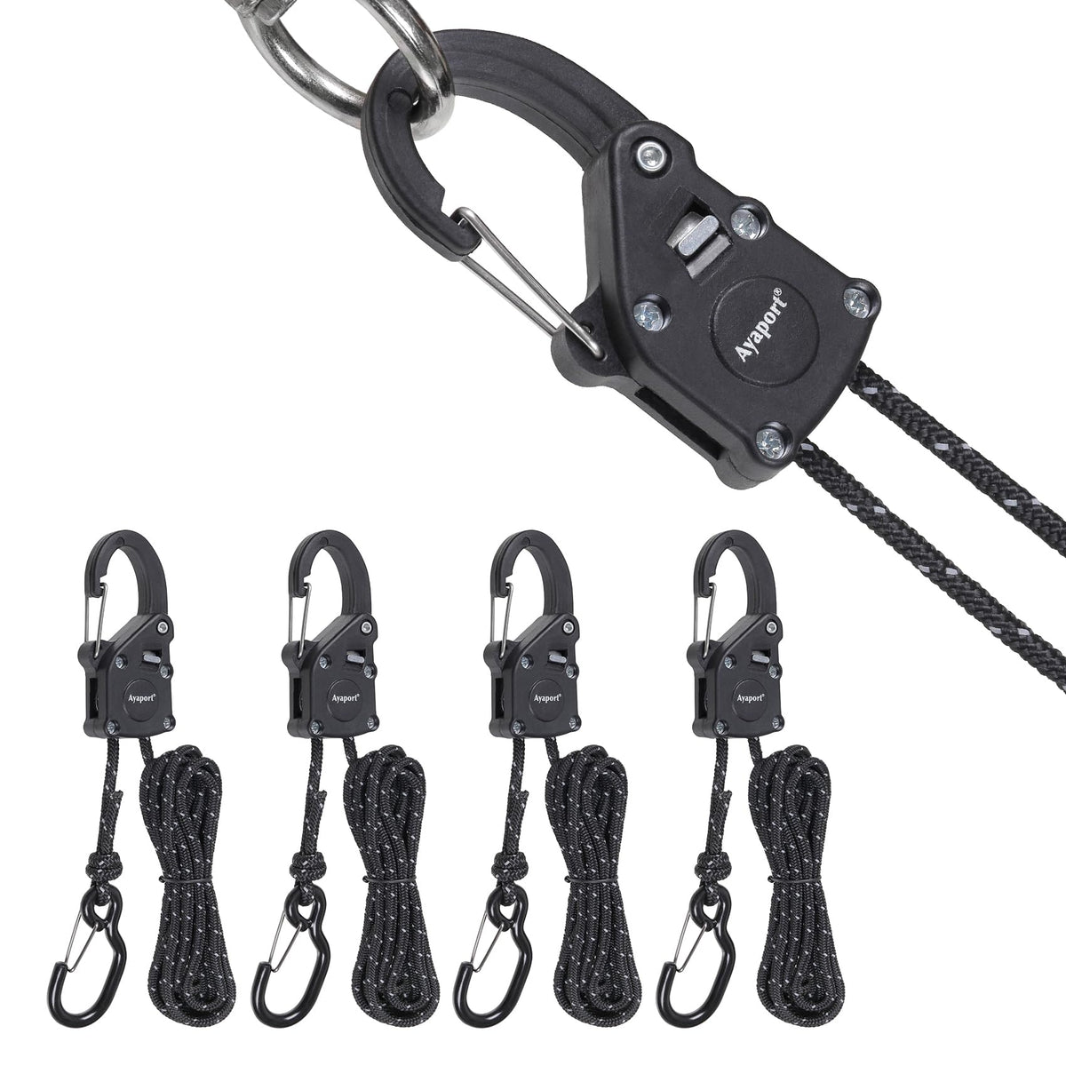 Ayaport front view of 4-pack ratchet tie downs showing compact design and packaging benefit