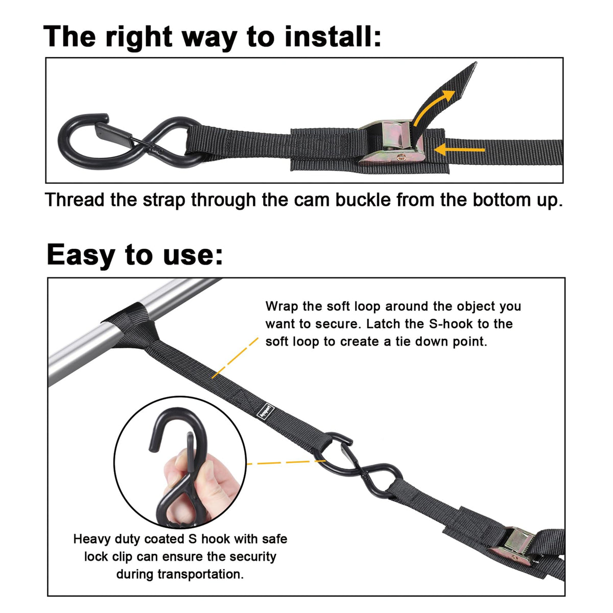 Ayaport coated S-hook with safety clip preventing accidental unhooking and corrosion