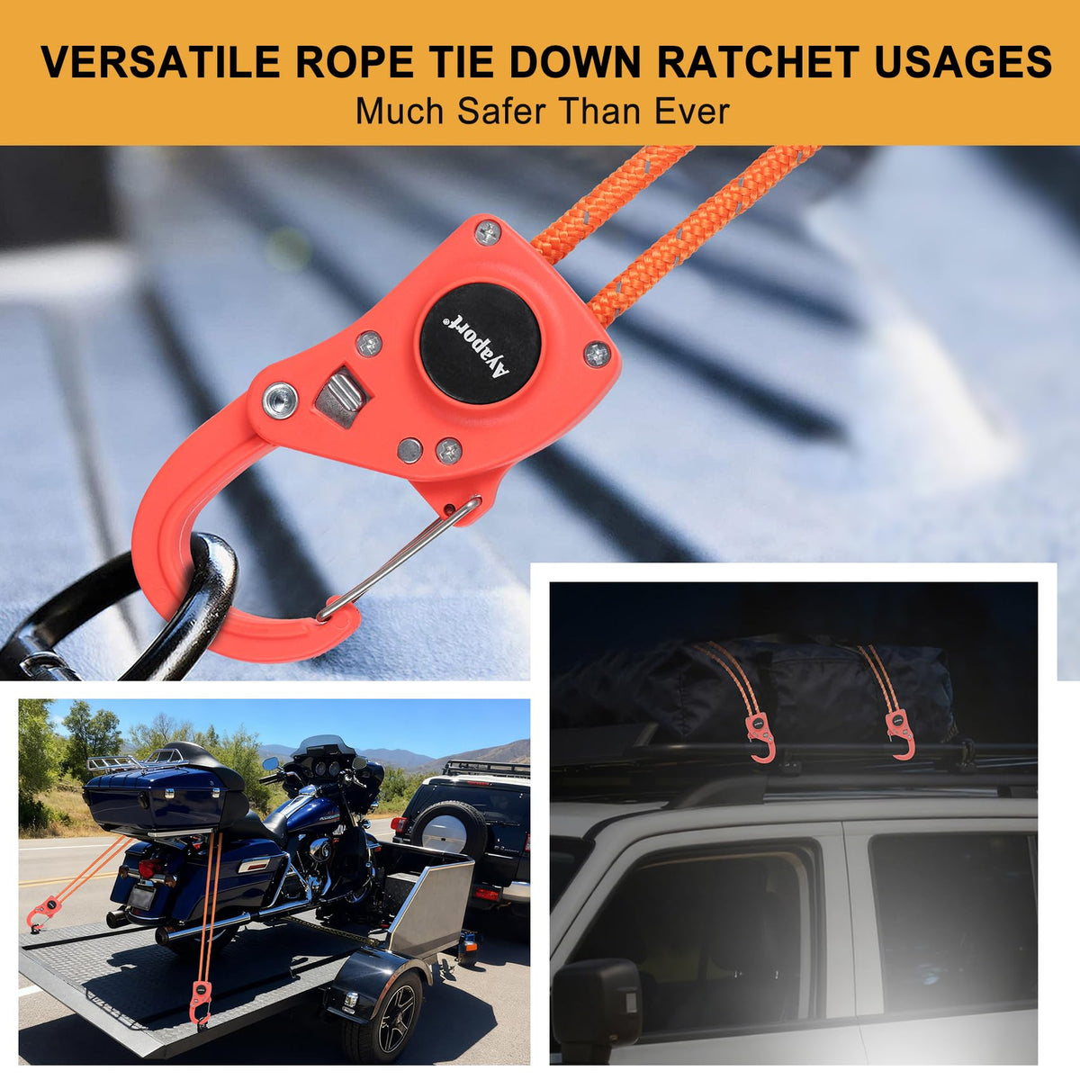 Ayaport tie down securing kayak on roof rack demonstrating stability