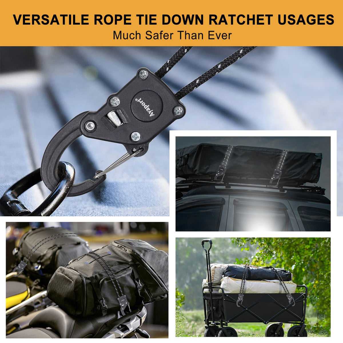Ayaport tie down next to a ruler showing 8 foot length and compact 1/8 inch rope