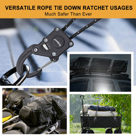 Ayaport tie down next to a ruler showing 8 foot length and compact 1/8 inch rope