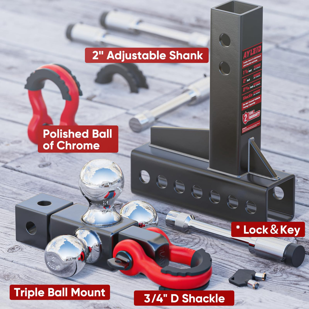 Ayleid close-up of hitch balls highlighting durable finish and clear size markings