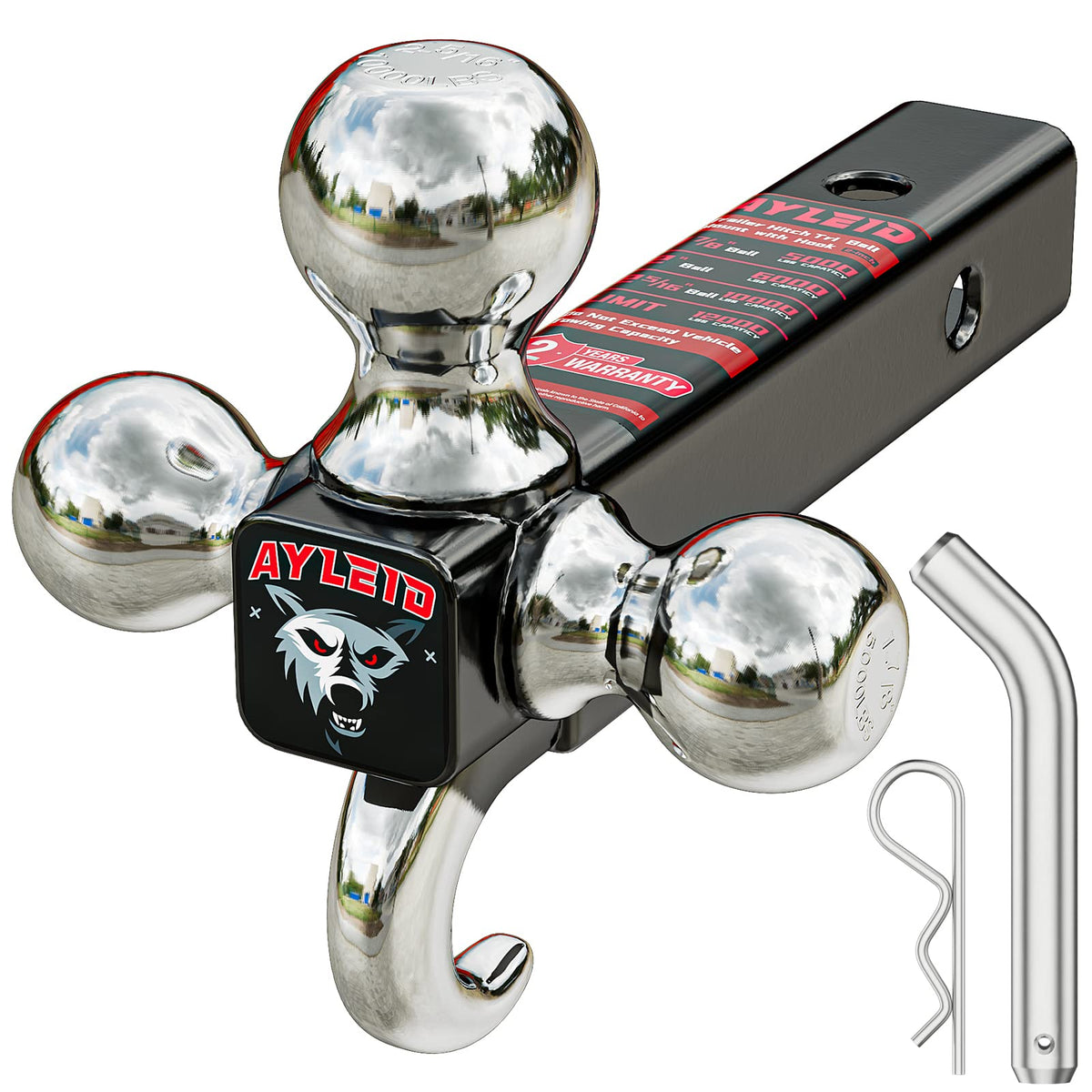 Ayleid front view tri-ball mount showing three ball sizes and durable finish for versatile towing