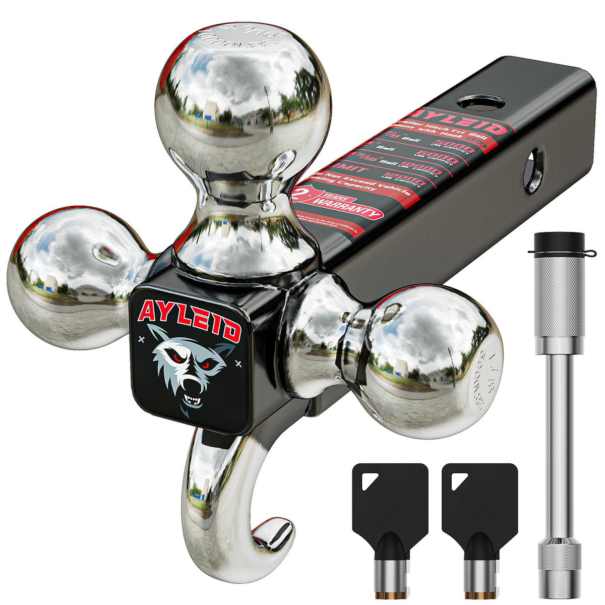 Ayleid tri-ball mount front view showing all three ball sizes and finish for versatile towing