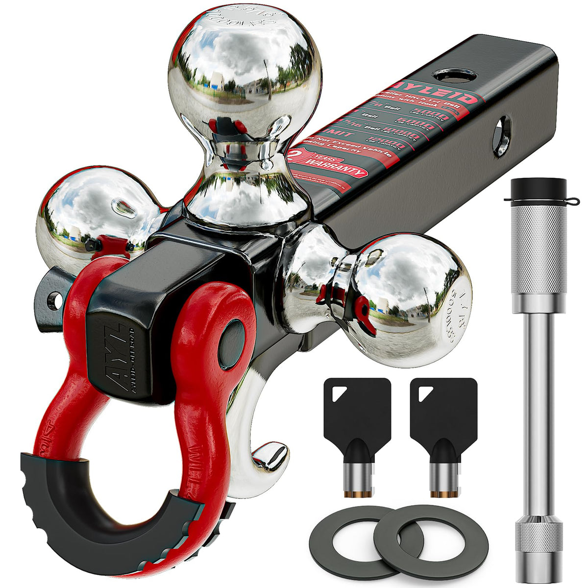 Ayleid tri-ball mount front view showing three hitch balls and finish, for versatile towing
