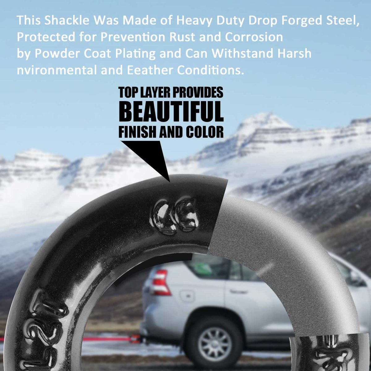 AYMMIC shackle installed on a Jeep bumper demonstrating reliable recovery connection