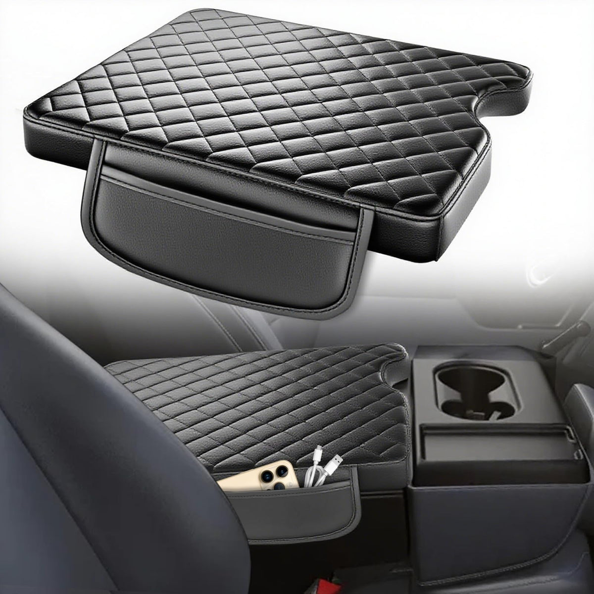 AZEAM front view of center console cover showing neat fit and black finish