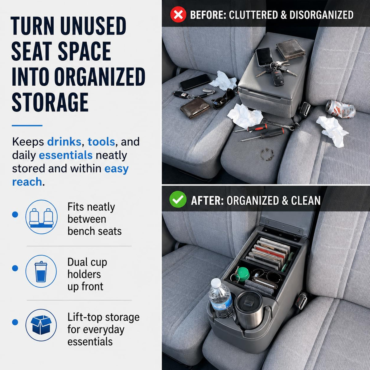 AZIFOK console installed on pickup bench seat adding stability and seat protection