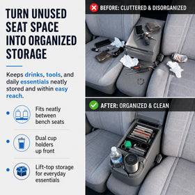 AZIFOK console installed on pickup bench seat adding stability and seat protection