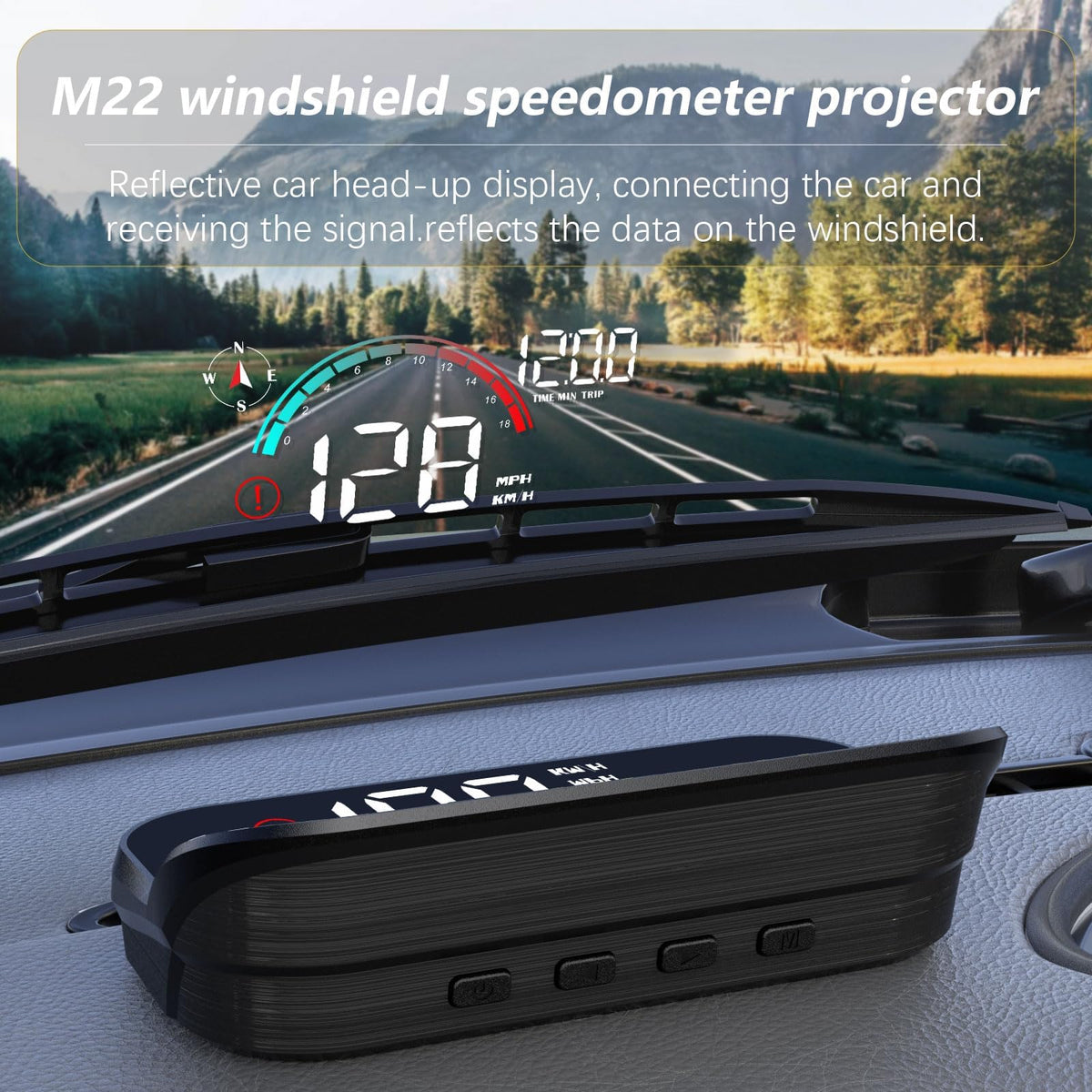 AZIJYV M22 installed on dashboard demonstrating unobstructed road view