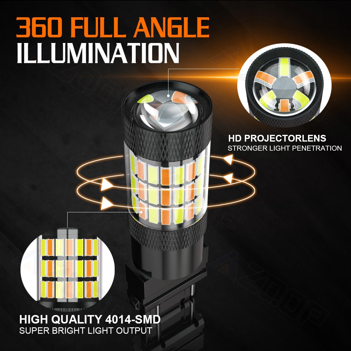 AZQOP bulb under water splash to show IP67 protection on wet roads