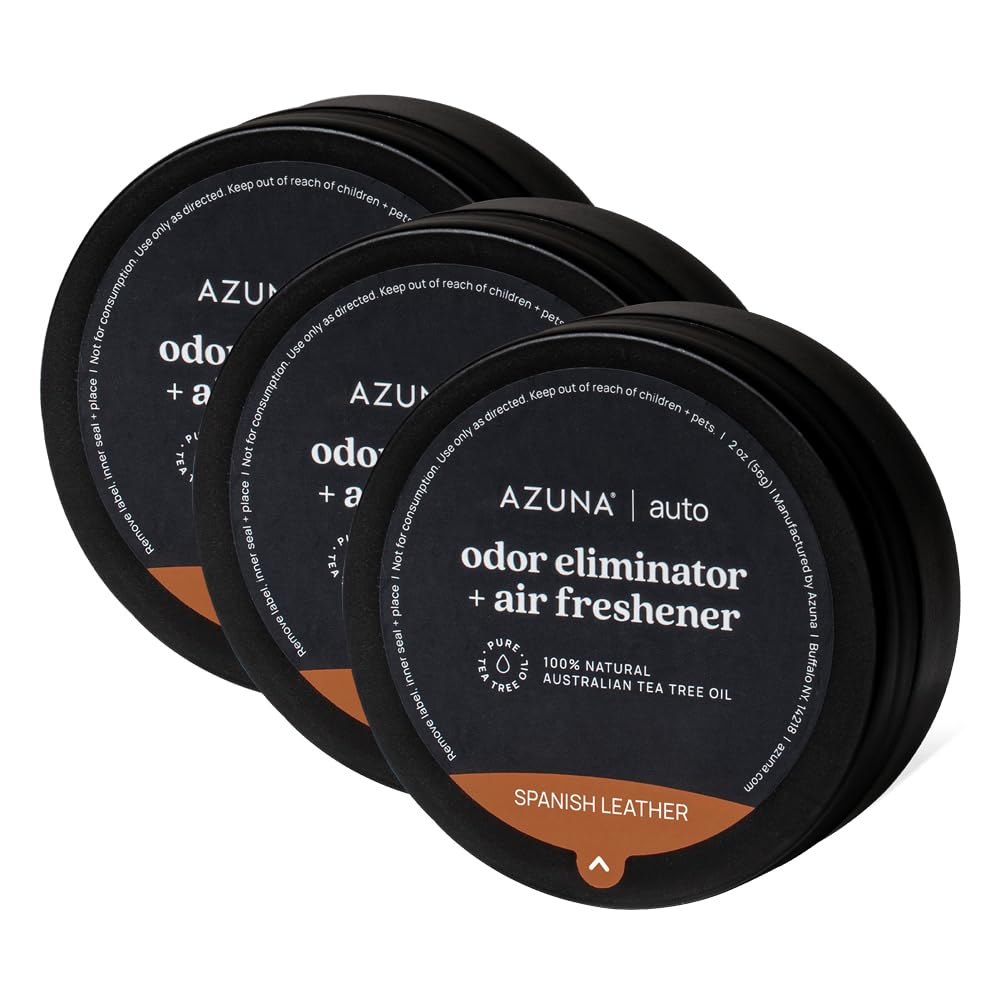 Azuna front packaging showing Spanish Leather scent and clean ingredients benefit