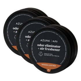 Azuna front packaging showing Spanish Leather scent and clean ingredients benefit