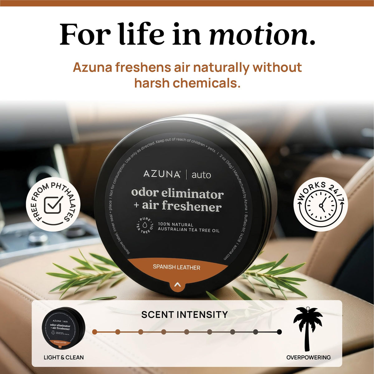 Azuna pod tucked under seat demonstrating targeted odor control benefit