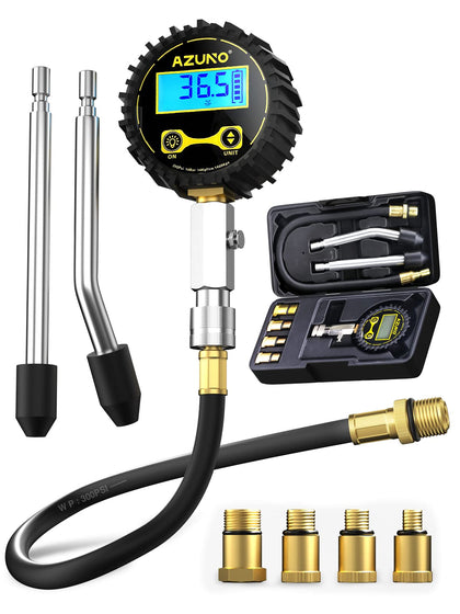 AZUNO digital gauge front view showing clear readings and durable build benefit